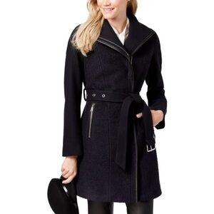 Tahari Wool Blend Full Zip Belted Black Pea Coat Women’s Sz Large
